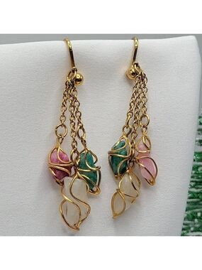 Vintage Avon Clip-On Earrings Gold Tone Pink White Green Accents
